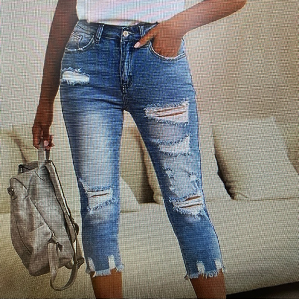 Sidefeel Women Distressed Raw Hem Washed Boyfriend crop Jeans